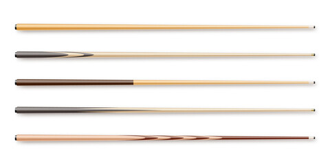 Various wooden billiard cues isolated on white background. Snooker sports equipment. Vintage pool cue. Active recreation and entertainment. Vector illustration