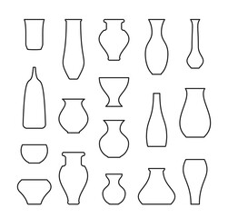 Vases icons set. Outline silhouettes of 17 different vases.