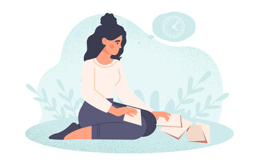 Clumsy person collecting dropped business documents from floor. Female office employee collects scattered sheet of paper. Frustrated entrepreneur sitting on knees. Cartoon flat vector illustration - obrazy, fototapety, plakaty