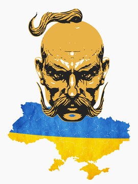 Ukrainian cossack and map of Ukraine, sovereign state, 3D rendering