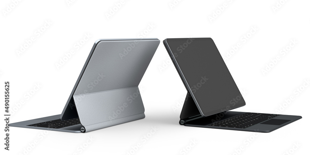 Aufkleber set of computer tablet with keyboard and blank screen isolated on white.
