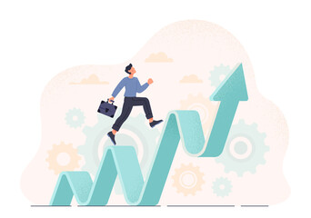 Career advancement abstract concept. Young Male entrepreneur with briefcase runs up wavy arrow. Promotion of company and growth of business income. Cartoon contemporary flat vector illustration