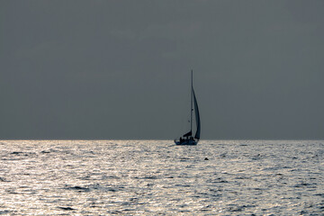 Sailing boats at sea. Sailboat management.