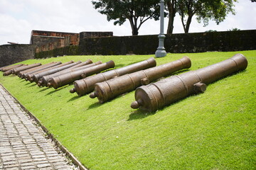 Old cannon tubes from Forte do Presépio - Belém do Pará, Brasil.  - obrazy, fototapety, plakaty