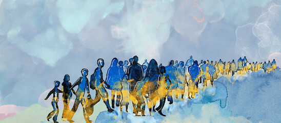 Stop War! Peace for Ukraine! Refugees concept. Watercolor. - obrazy, fototapety, plakaty
