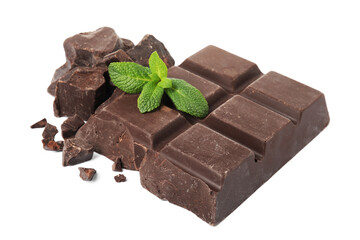 Tasty chocolate pieces and mint on white background