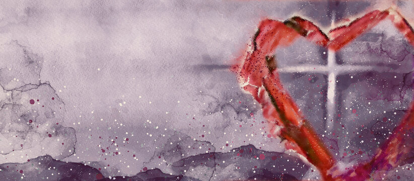 Cross and heart. Watercolor christian banner.
