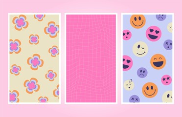 Retro 70s-90s vintage pattern. Retro Vibes Art. Trendy elements. Colorful bright background. Vector hand drawn flat illustrations. Editable Vector.