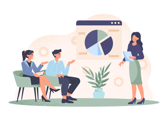 Coach speaking before audience abstract concept. Employees attend advanced training courses, seminars and conferences. Leader analyzes financial statistics. Cartoon modern flat vector illustration