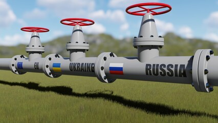 The gas pipeline with flags of Russia, Ukraine and EU. 3d rendering
