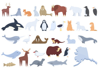 Alaska icons set cartoon vector. Seal animal. Walrus eskimo - obrazy, fototapety, plakaty