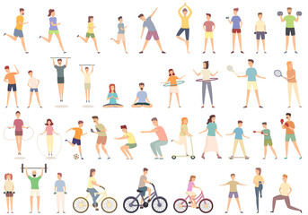 Fototapeta na wymiar Family sport activity icons set cartoon vector. Home exercise. Sport workout