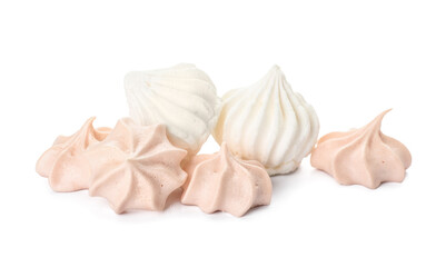 Many delicious meringue on white background