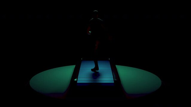 3D model of running man. Design. Person is running on treadmill on isolated background. Model of running man in rewind