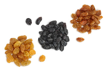 Black, yellow and brown raisins isolated on white background with clipping path. Top view. Flat lay. Set or collection