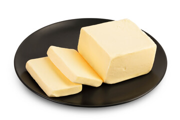 butter slices in black plate isolated on white background with clipping path and full depth of field