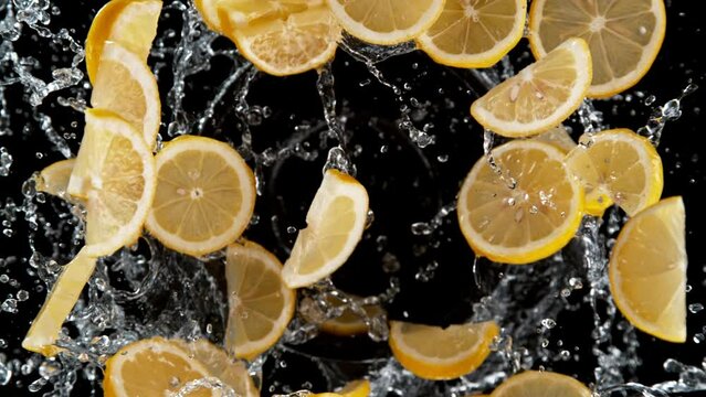 Super slow motion of rotating lemon slices with water, black background. Filmed on high speed cinema camera, 1000 fps.