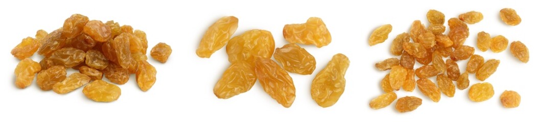 Yellow raisin isolated on white background with clipping path. Top view. Flat lay. Set or collection