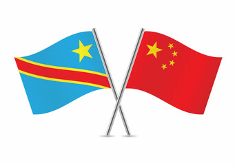 The Democratic Republic of the Congo and China crossed flags. DR Congolese and Chinese flags, isolated on white background. Vector icon set. Vector illustration.