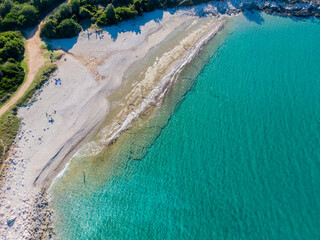 Aerial drone view of beautiful Gialiskari Beach next to Agios Spiridon in corfu island, Greece