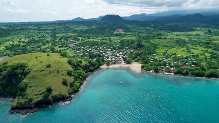 Aerial view of a coastal landscape in Sao Tome e Principe, Prince Island, Africa