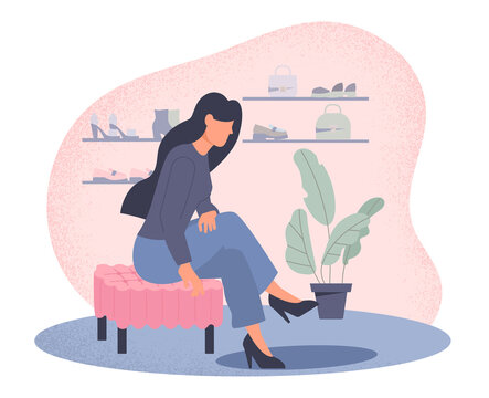 Girl trying on shoes concept. Young woman sitting on soft pouf in shoe store and puts new beautiful heels on her foot. Buying clothes or shopping. Cartoon contemporary flat vector illustration
