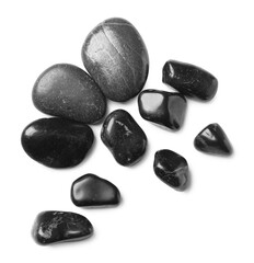 Group of different stones on white background, top view