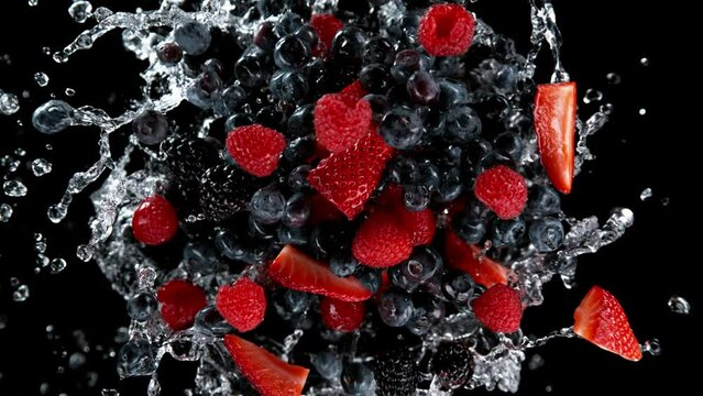 Super slow motion of rotating berries fruit with splashing water, black background. Filmed on high speed cinema camera, 1000 fps.
