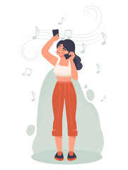 Listen to music abstract concept. Young woman with headphones holding smartphone in her hands and listening her favorite tracks or songs. Hobby or pleasant pastime. Cartoon flat vector illustration