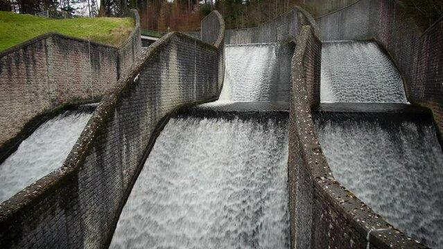 Water flowing through stone ducts at Bohernabreena Reservoir.