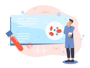 Medical prescription abstract concept. Young male doctor conducts medical blood tests and prescribes treatment. Pharmacy and consultation with therapist. Cartoon modern flat vector illustration - obrazy, fototapety, plakaty