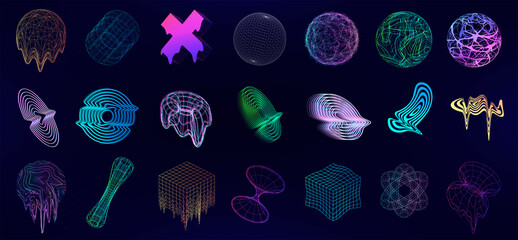 Memphis 3D universal geometric shapes with glitch, fluid effect. Retrofuturistic cyberpunk trendy elements for t-shirt, merch, flyers, posters. Vaporwave 3D abstract liquid shapes. Vector elements