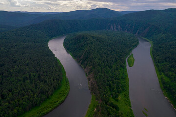 Extraordinary view of the bend of the river, view from above.