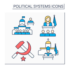 Political systems color icons set. Parliament, matriarchate, communism, theocracy. Sociology concept.Isolated vector illustrations