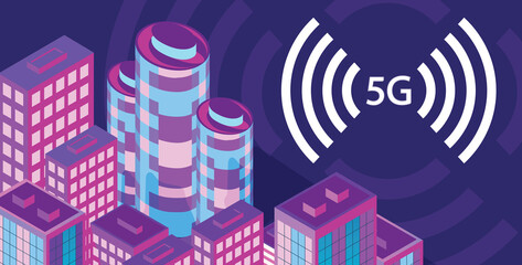 Vector illustration of 5G wireless technology. Isometric smart city and tiny people. A modern city connected to the global network. Internet in the urban environment. 