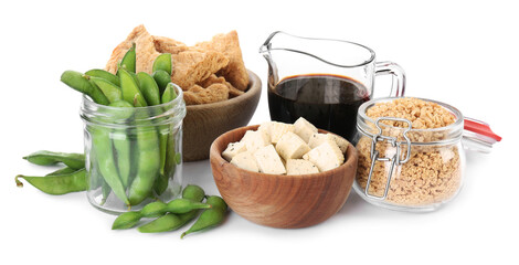 Different organic soy products on white background