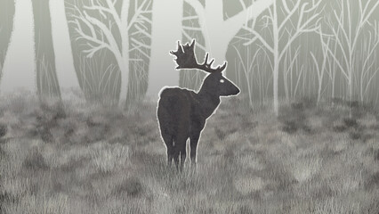 Deer in the forest illustration. Digital illustration of a deer through a night vision device. Hunting for animals. Radiance around a wild animal. Contemporary abstract art © Yurii