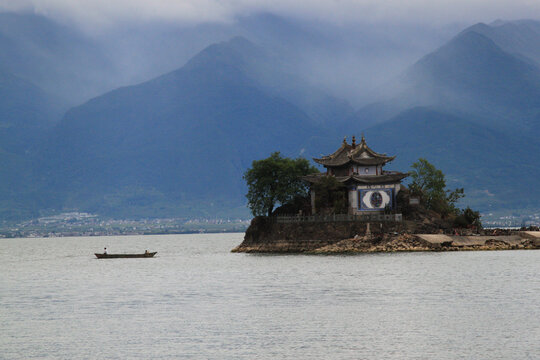 Chinese temple on a Little Putuo island in the middle of the Erhai lake in Dali