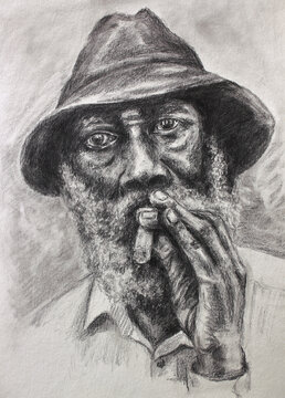 The old man's abstract face is drawn in pencil. Abstract drawing of the face of a sad grandfather smoking a cigarette. Conceptual abstract close up hand drawing of liner.