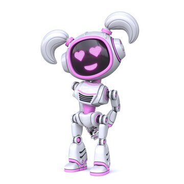 Cute Pink Girl Robot Fall In Love 3D