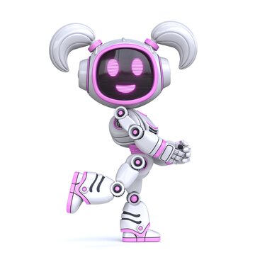 Cute pink girl robot posing 3D