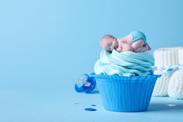 Beautifully decorated baby shower cupcake with cream and boy topper on light blue background. Space...