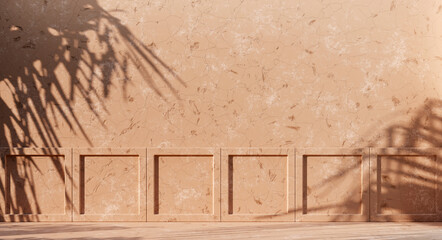 Premium abstract concrete texture beige wall background with palm leaves shadow