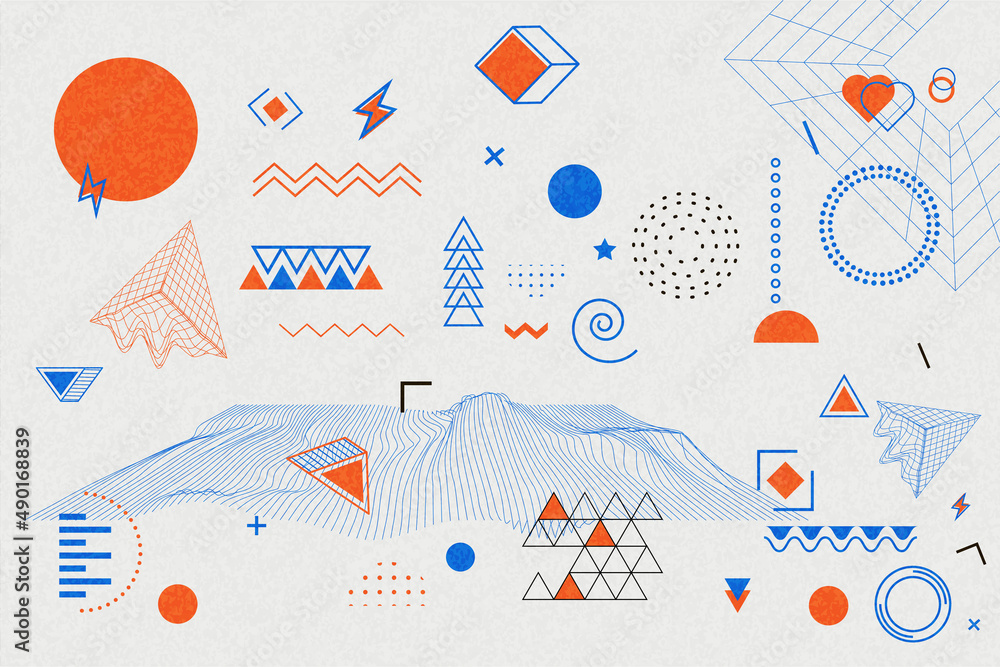 Poster abstract geometric shapes. flat abstract wireframe background. circle and triangle, graphic 90s funk