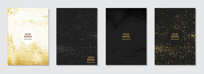Cover design set. White and black embossed background, glitter pattern, golden grunge texture, vertical template collection. Design solution for brochure, catalogue, book, poster, flyer, invitation.