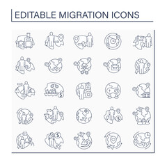 Migration line icons set. Moving people across borders. Seeking better life standards. Migration concept. Isolated vector illustrations. Editable stroke