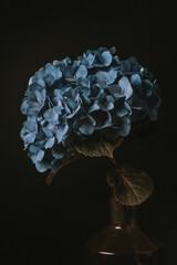 Vertical shot of a blue hydrangea in the vase