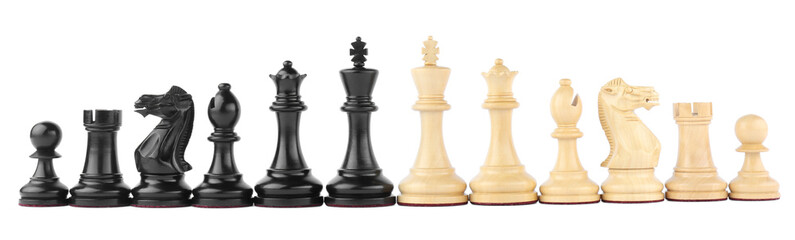 Row of different chess pieces on white background