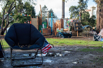 Homeless encampment at Peoples Park, a historic site of political activism - obrazy, fototapety, plakaty