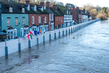 Bewdley , national flags and flood barriers erected to protect local population,Bewdley...